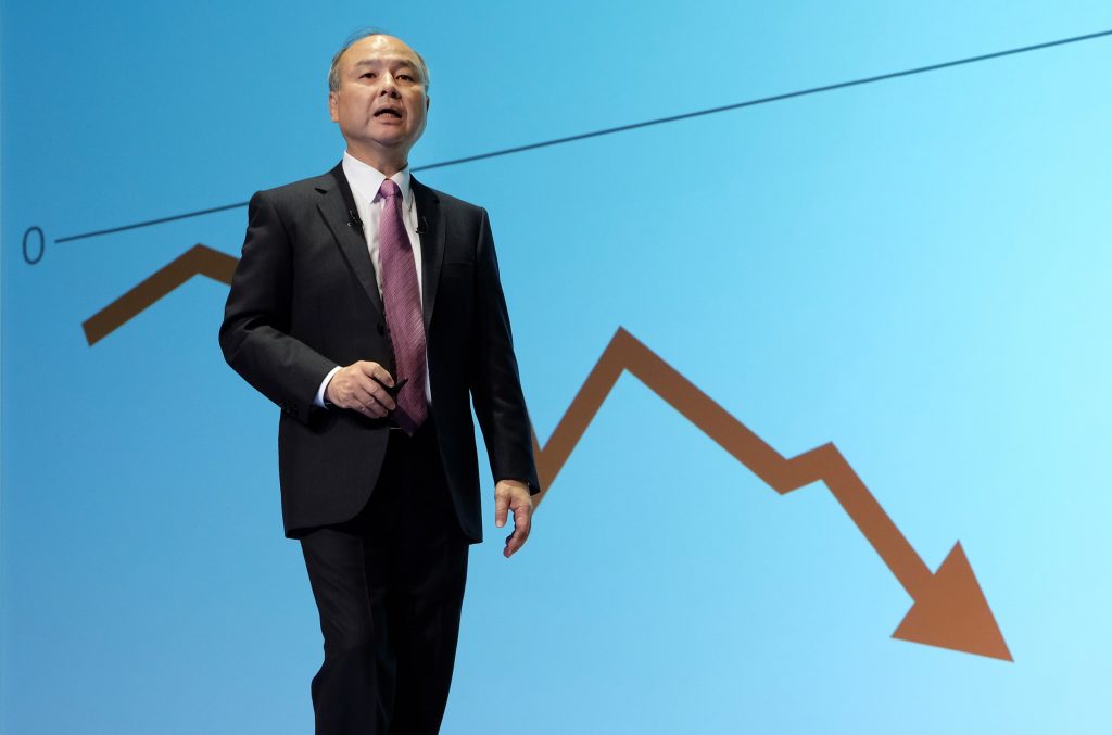 Japan’s SoftBank Group CEO Masayoshi Son delivers a speech during a press briefing on the company’s financial results in Tokyo on November 6, 2019. (AFP)