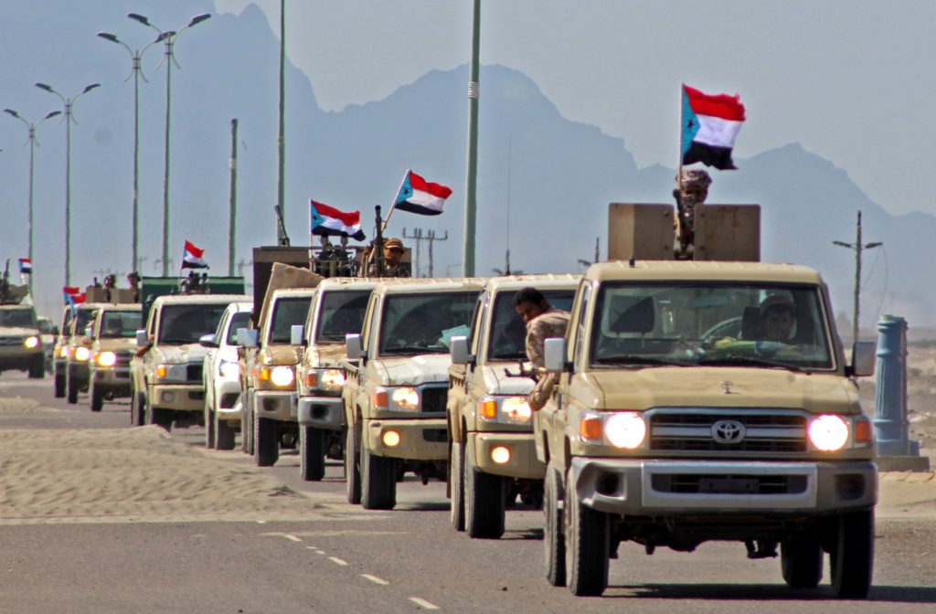 A reinforcement convoy of Yemen’s Security Belt Force heads from the southern city of Aden to Abyan province on November 26, 2019. (File photo/AFP)