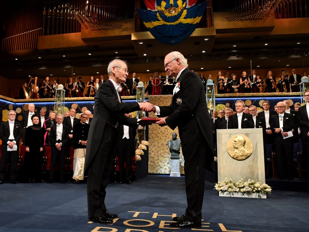Akira Yoshino receives his Nobel Prize from King Carl XVI Gustaf of Sweden (R) at the Concert Hall in Stockholm, Sweden, on December 10, 2019. (AFP)