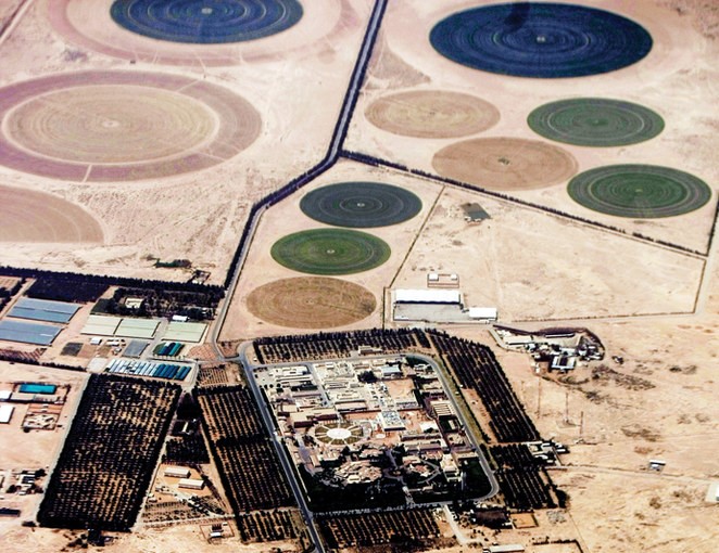 These circular agricultural fields are located in the desert near the oil-rich area of Khouris, 160 km east of Saudi Arabia’s capital Riyadh. (AFP)