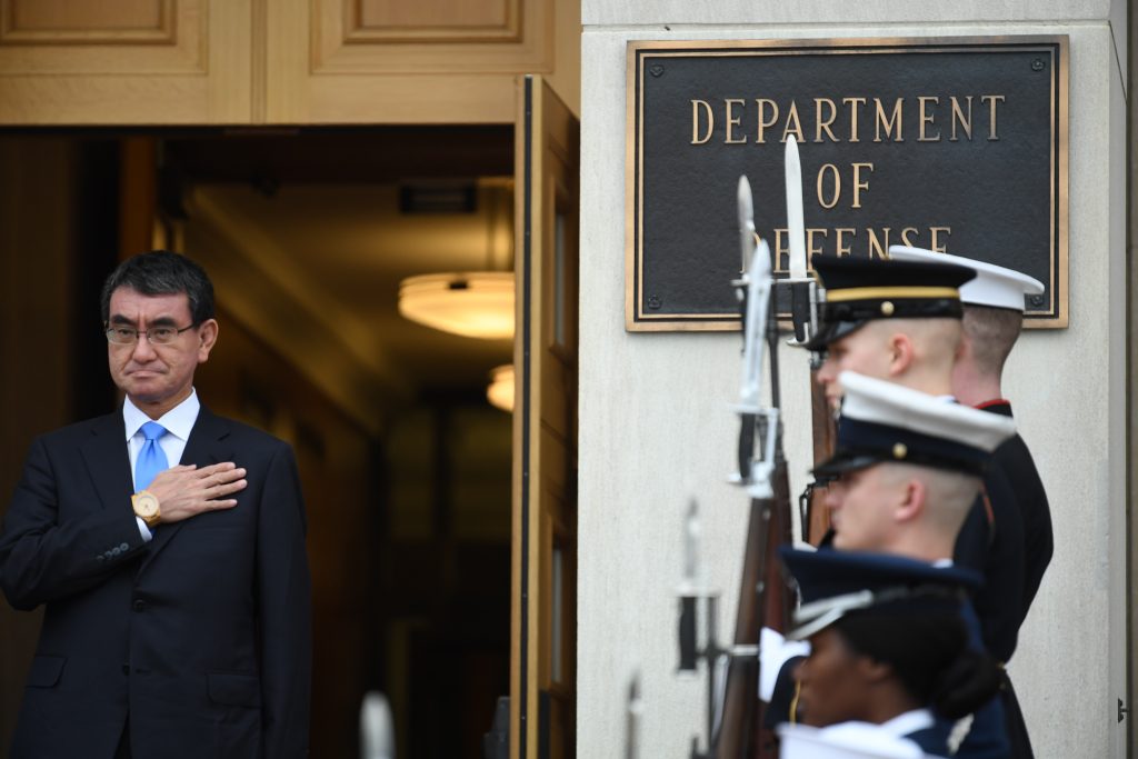 Japanese Defense Minister Taro Kono has asked the US government to improve operations under its pay-first scheme to provide defense equipment to Japan. (AFP)