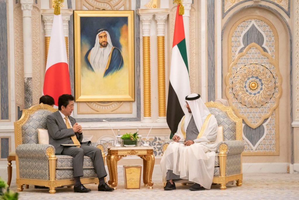 His Highness Sheikh Mohamed bin Zayed Al Nahyan, Crown Prince of Abu Dhabi and Deputy Supreme Commander of the UAE Armed Forces talks with Shinzo Abe, Prime Minister of Japan in an official visit to the UAE at Qasr Al Watan. (WAM)