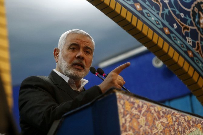 Ismail Haniyeh, in an address to Iranian mourners, described the slain general, Qassem Soleimani, as “the martyr of Jerusalem.” (File/AFP)