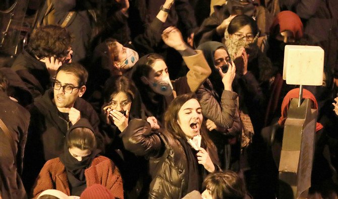 Iranian students chant slogans as they demonstrate following a tribute for the victims of Ukraine International Airlines Boeing 737 in front of the Amirkabir University in the capital Tehran, on January 11, 2020. (AFP)