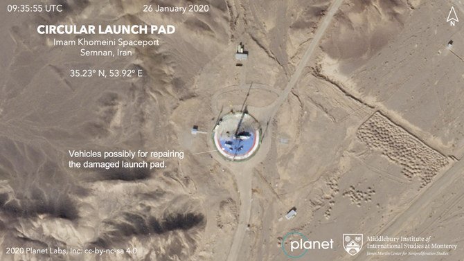 This Jan. 26, 2020, satellite image from Planet Labs Inc. that has been annotated by experts at the James Martin Center for Nonproliferation Studies at Middlebury Institute of International Studies shows preparations at a rocket launch pad at the Imam Khomeini Space Center in Iran's Semnan province. (AP)