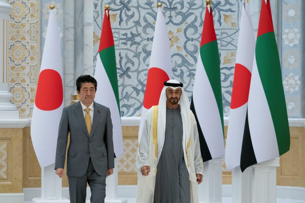 Sheikh Mohamed and the Japanese Prime Minister Shinzo Abe at a reception in Qasr Al Watan, UAE. (WAM)