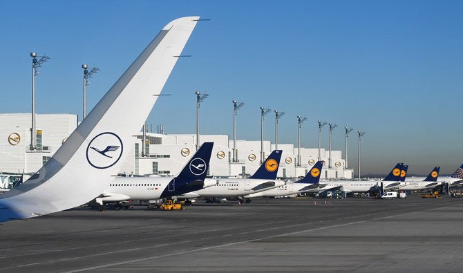 Planes are parked at the Franz-Josef-Strauss airport in Munich, southern Germany. Lufthansa is canceling all flights to and from Tehran until Jan. 20. (AFP)