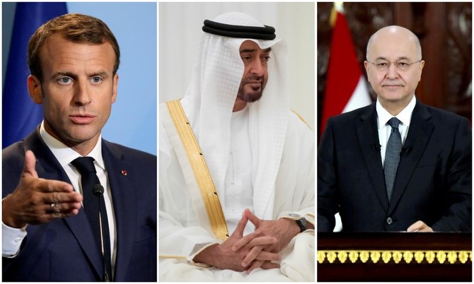 French president Emmanuel Macron (left) spoke with Abu Dhabi Crown Prince Mohammed bin Zayed (centre) and Iraq's president Barham Salih. (Reuters)