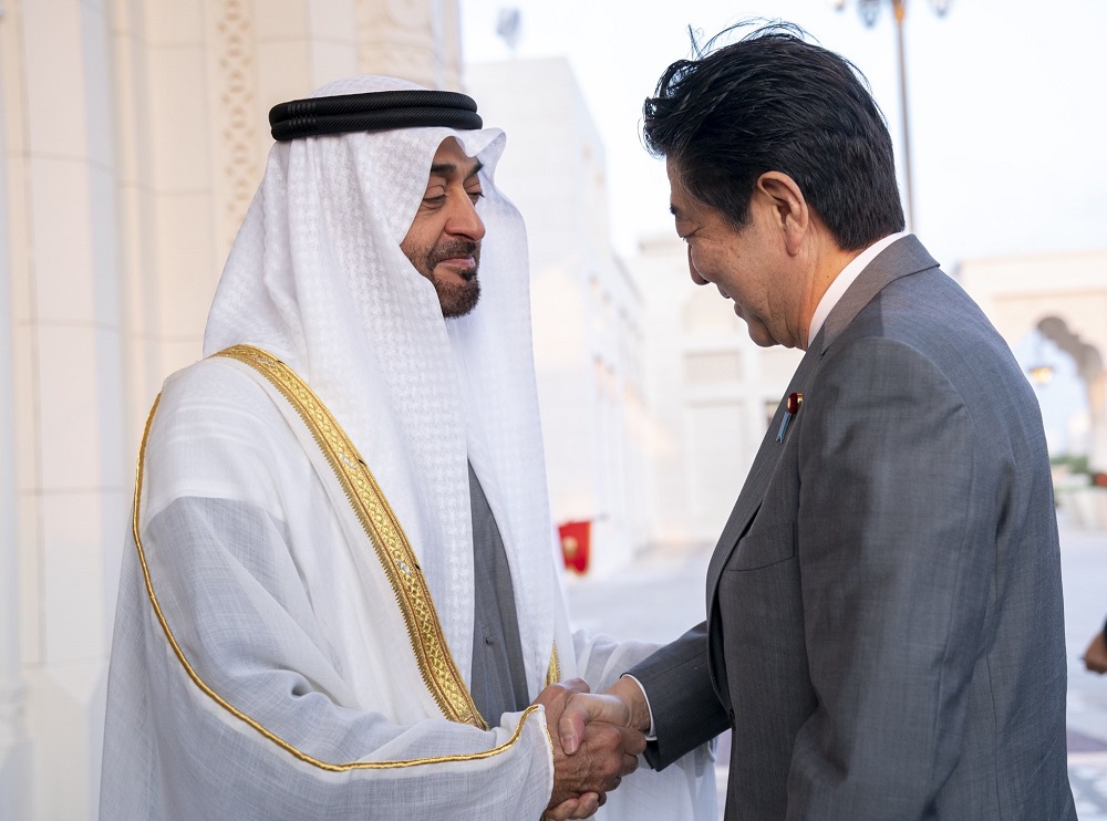 Japan’s Prime Minister Shinzo Abe is welcomed by Sheikh Mohamed bin Zayed, Crown Prince of Abu Dhabi and Deputy Supreme Commander of the UAE Armed Forces on Monday in the capital. Courtesy Sheikh Mohamed bin Zayed Twitter
