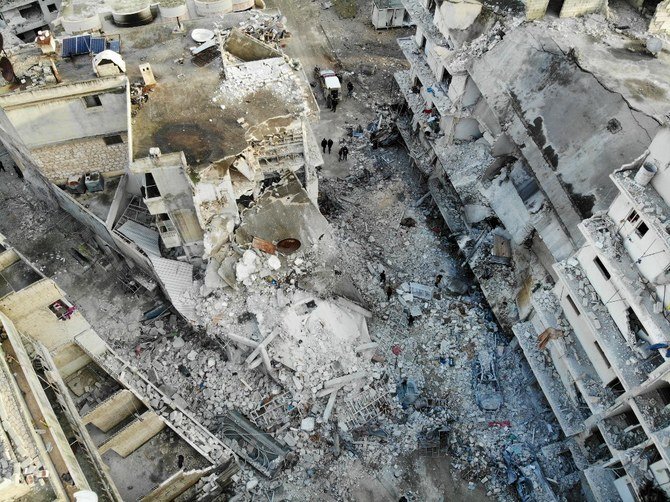 Above, an aerial view the rubble and debris at the site of reported airstrikes on the town of Ariha in the northern countryside of Syria’s Idlib province on January 30, 2020. (AFP)