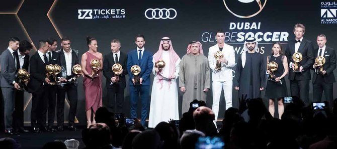 Best Men’s Player of the Year Cristiano Ronaldo of Portugal with the rest of the award winners during the 11th edition of the Dubai Globe Soccer Awards in Dubai. (Photo/Supplied)