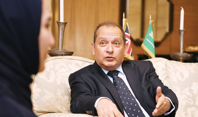 Outgoing UK Ambassador Simon Collis speaks during an interview with Arab News in Riyadh. (AN photo by Saleh Al-Ghanem)