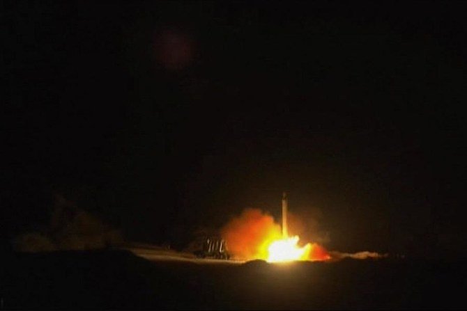 An image grab from footage obtained from the state-run Iran Press news agency on January 8, 2020 allegedly shows rockets launched from the Islamic republic against the US military base in Ein-al Asad in Iraq. (File/AFP)