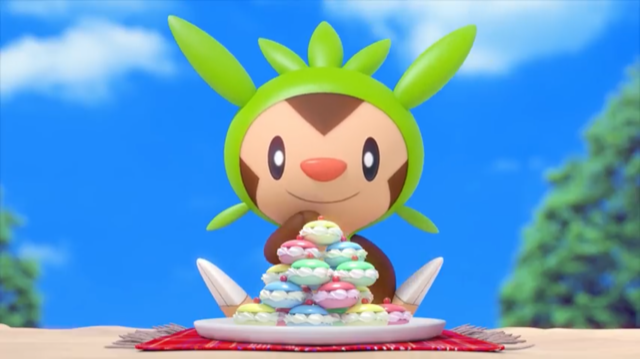Chespin’s Happy Snack Time features the grass-type character enjoying a tray of desserts. (Youtube)