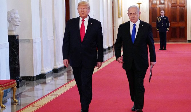 President Donald Trump with Israeli Prime Minister Benjamin Netanyahu as he announced his peace plan in the White House. (AFP)