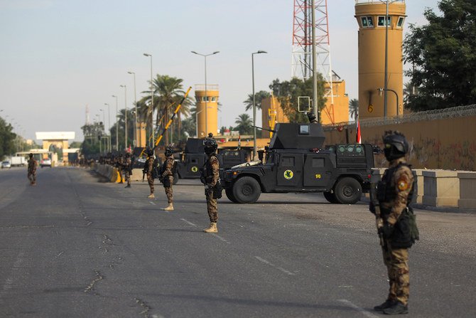 Iraqi counter-terrorism forces stand guard in front of the US embassy in the capital Baghdad on Jan. 2, 2020. (AFP)