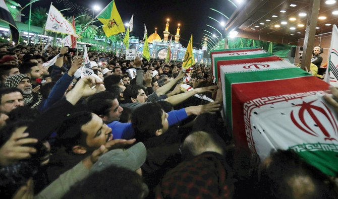 Mourners attend on Saturday the funeral procession of Qassem Soleimani, inset, in Karbala. (Reuters)