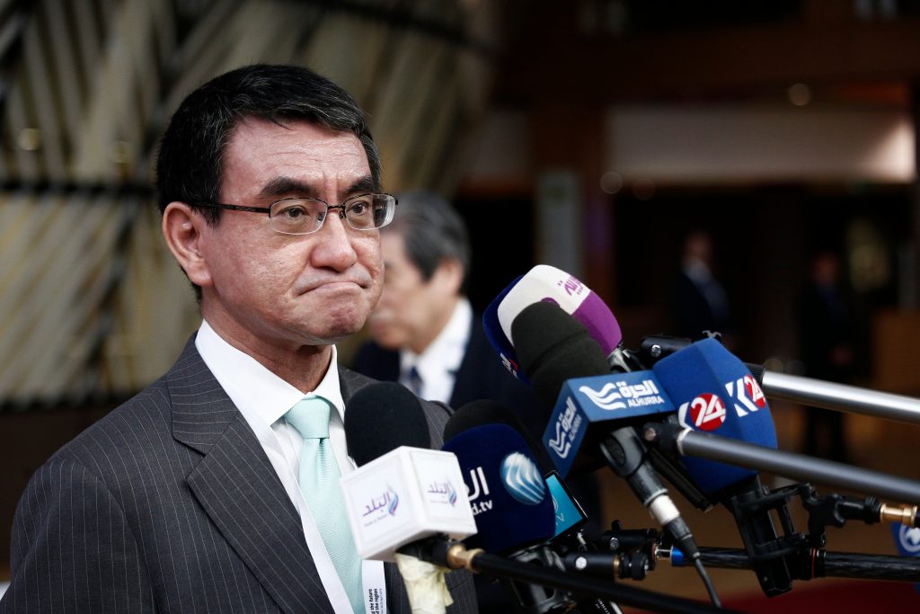 Japan's Foreign Minister Taro Kono arrives at an international conference on the future of Syria and the region, April. 28, 2015. (Shutterstock)