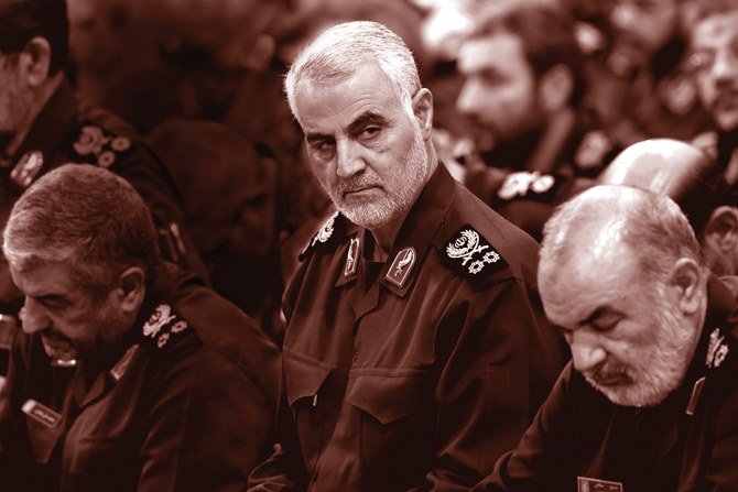 Qassem Soleimani at a meeting with Supreme Leader Ayatollah Ali Khamenei and Revolutionary Guard commanders in Tehran in 2016, (AP/File photo)