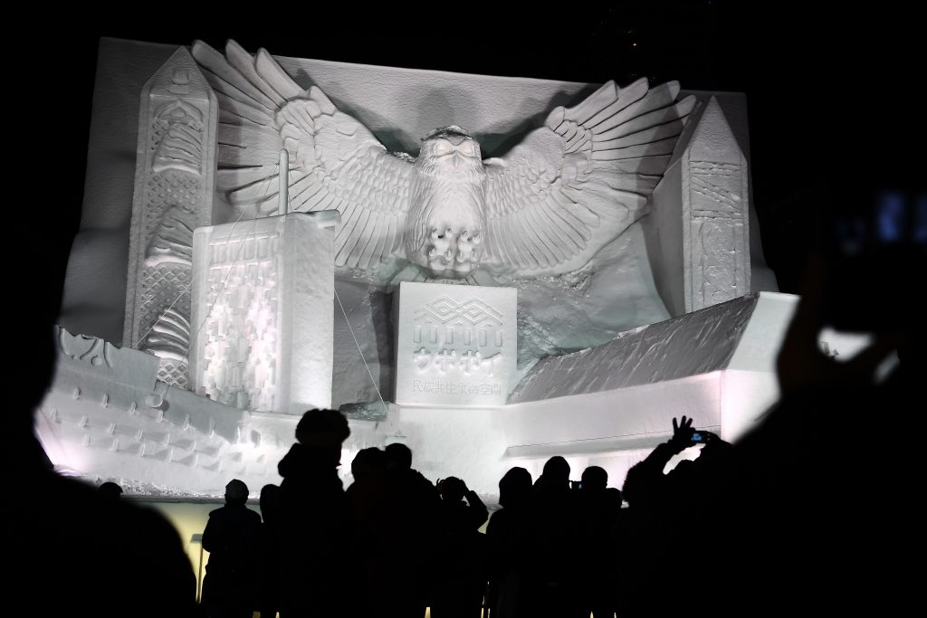 A giant snow sculpture supported by Hokkaido Television Broadcasting representing a