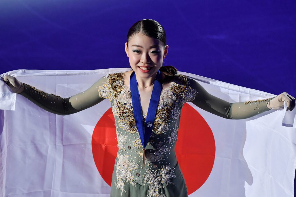 Gold medalist Rika Kihira of Japan poses during the medal ceremony for the ladies single free skating at the ISU Four Continents Figure Skating Championships in Seoul on Feb. 8, 2020. (AFP)