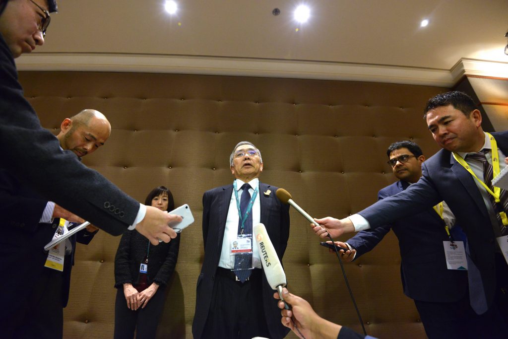 Governor of the Bank of Japan Haruhiko Kuroda speaks to journalists during the G20 finance ministers meeting in the Saudi capital Riyadh, on February 22, 2020. (AFP)