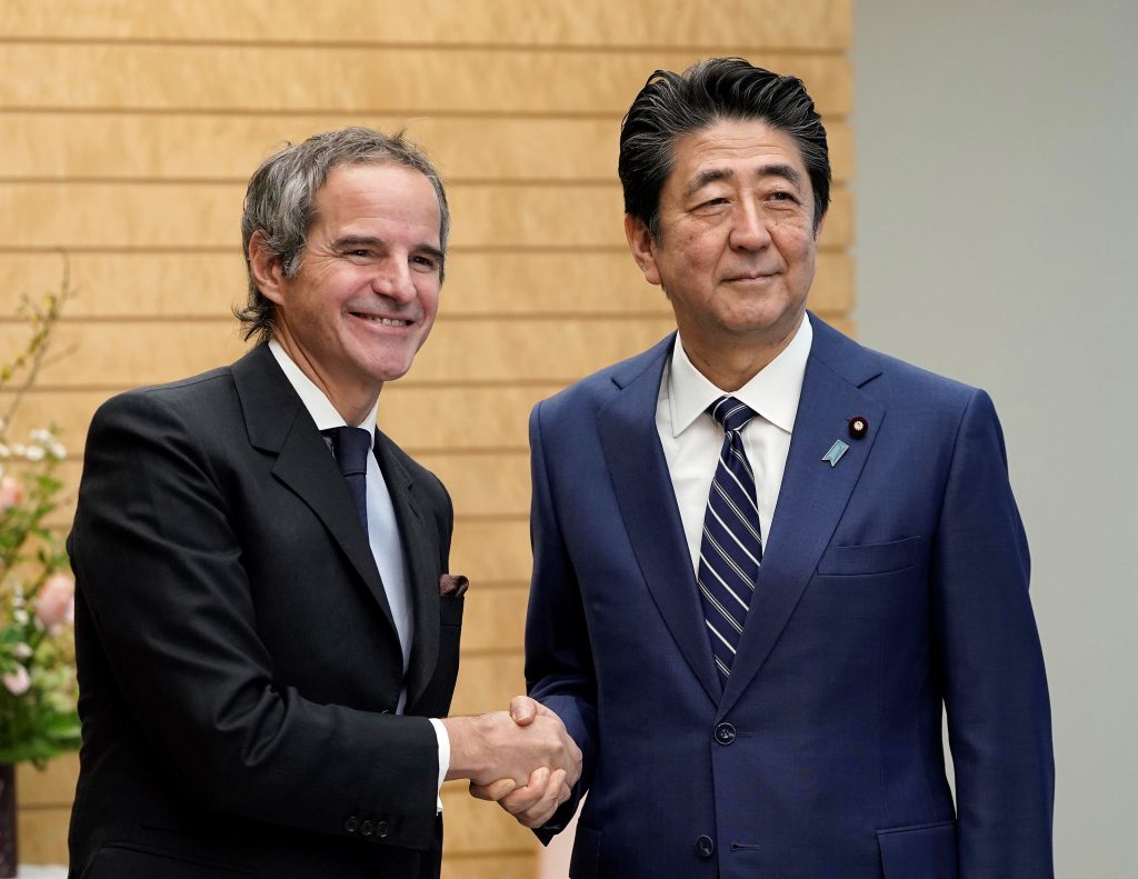 Japanese Prime Minister Shinzo Abe and Rafael Grossi, director-general of the International Atomic Energy Agency, on Tuesday discussed the Iran nuclear deal and denuclearization of North Korea. (AFP)