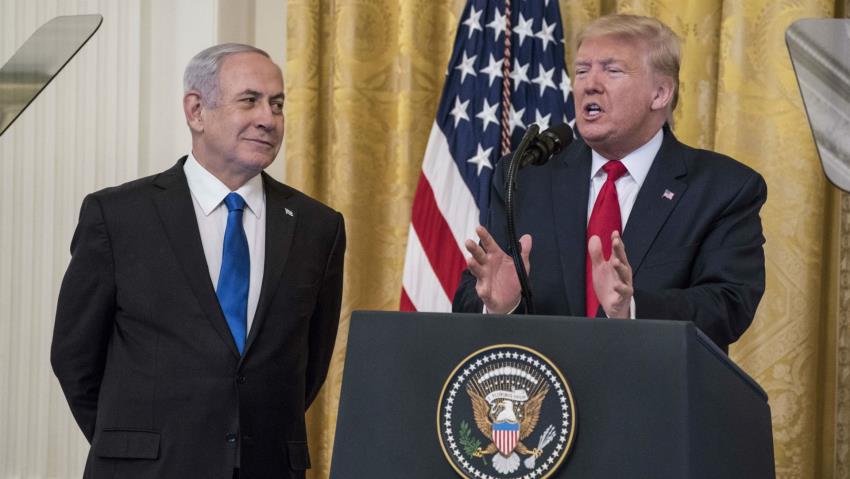 US President Donald Trump presents his peace deal to Israeli Prime Minister Benjamin Netanyahu and an invited audience in Washington. (Getty Images)