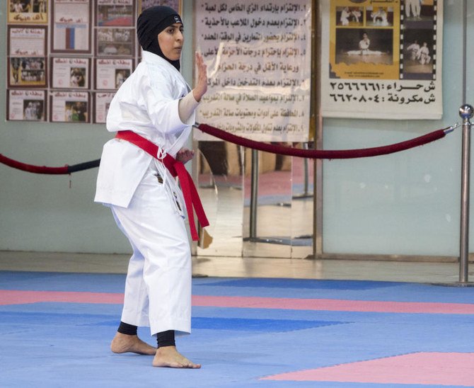 The first appearance of a female Saudi karate team in the fifth Arab Women Sports Tournament, which kicked off on Feb. 2 in Sharjah, in the UAE, will be broadcast on TV. (AN Photo/Huda Bashatah)