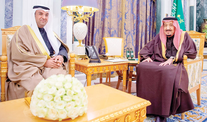 King Salman receives Gulf Cooperation Council Secretary-General Dr. Naif bin Falah Al-Hajraf in Riyadh on Monday. (SPA)