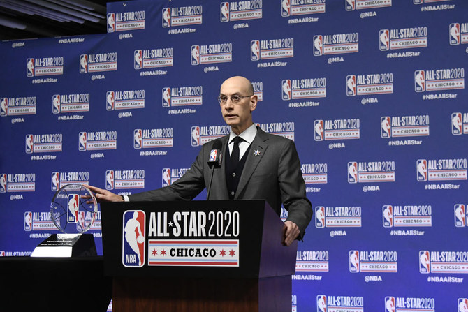 NBA Commissioner Adam Silver unveils the NBA All-Star Game Kobe Bryant MVP Award during a news conferenceon Feb. 15, 2020, in Chicago. (AP Photo/David Banks)