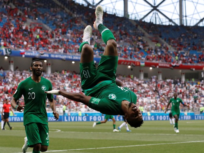 Saudi Arabia’s Salem Al-Dawsari celebrates in style after scoring the decisive goal in a 2 – 1 win over Egypt in the 2018 Russia World Cup. (Reuters)