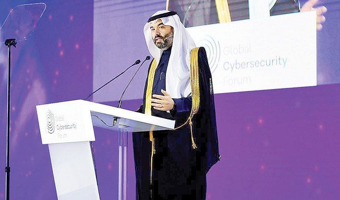 Saudi Minister of Communications and Information Technology Abdullah Al-Sawaha speaking at Global Cybersecurity Forum. (SPA)