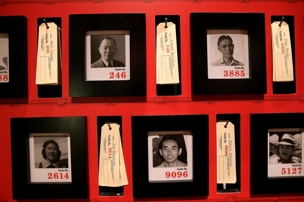 Pictures of people who were incarcerated at Manzanar War Relocation Center, one of the Japanese American internment camps during World War II, at Manzanar National Historic Site, California. (AFP)