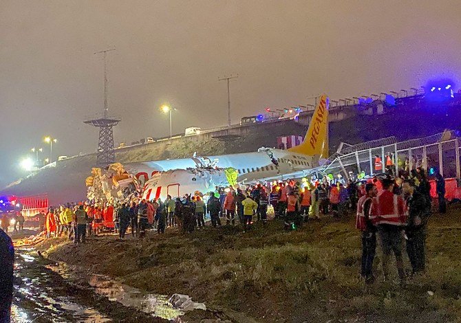 A picture shows the crash site of a Pegasus Airlines Boeing 737 airplane, after it skidded off the runway upon landing at Sabiha Gokcen airport in Istanbul on Feb. 5, 2020. (AFP)