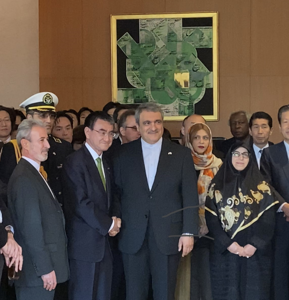 Japan's Defense Minister Taro Kono greets Iran's Ambassador to Japan Morteza Rahmani-Movahed. (Supplied)