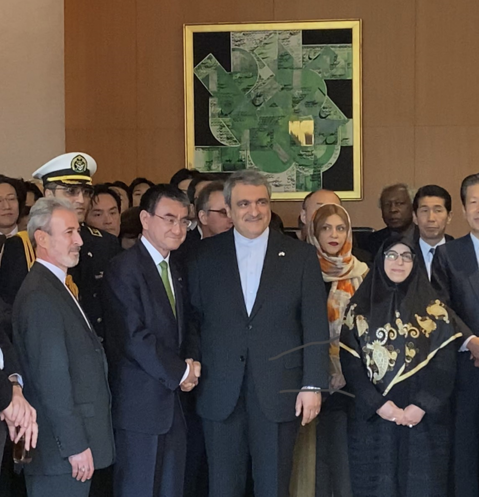 Japan's Defense Minister Taro Kono greets Iran's Ambassador to Japan Morteza Rahmani-Movahed. (Supplied) 