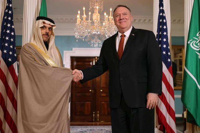 US Secretary of State MPompeo meets with his Saudi Arabian counterpart, Foreign Minister Prince Faisal bin Farhan, at the State Department in Washington. (AFP)