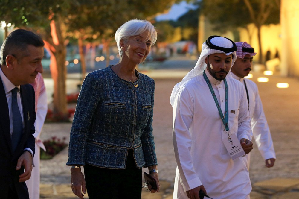 European Central Bank President Christine Lagarde arrives for a welcome dinner at Murabba Palace, during the G20 meeting of finance ministers and central bank governors in Riyadh. (Reuters)