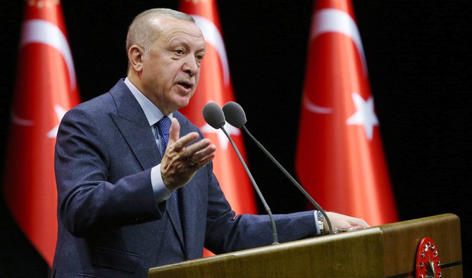 Turkey's President Recep Tayyip Erdogan speaks during a meeting in Ankara, Turkey, Tuesday, Feb. 11, 2020. (AP)