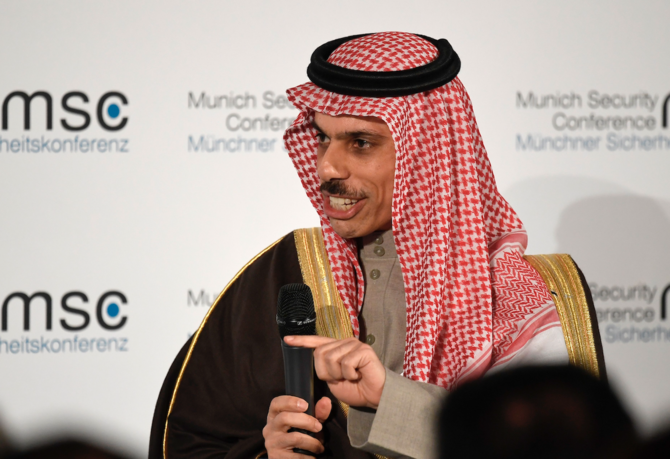 Saudi Arabia’s Foreign Minister Prince Faisal bin Farhan Al Saud attends a panel discussion during the 56th Munich Security Conference (MSC) in Munich, southern Germany, on Feb. 15, 2020. (AFP)