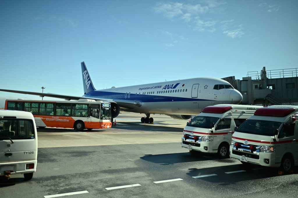 An All Nippon Airways Boeing 767-300, on a charter flight from the Chinese city of Wuhan arranged by Japan's government to evacuate its citizens, is seen after landing at Haneda airport in Tokyo, Jan. 29, 2020. (AFP)