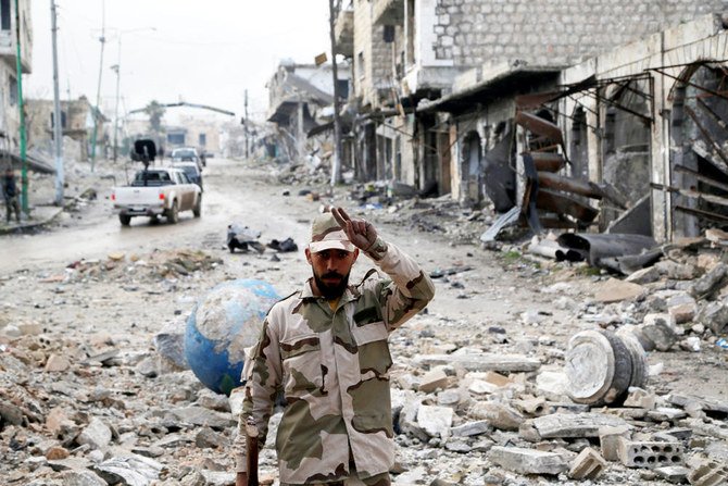 A Syrian army soldier gestures in Maarat al-Numan, Syria, on Jan. 30, 2020. (REUTERS/Yamam Al Shaar/File Photo)