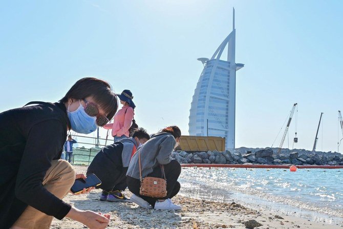 Tourists wearing surgical masks search for seashells on a beach next to Burj Al Arab on Jan. 29, 2020. (AFP)