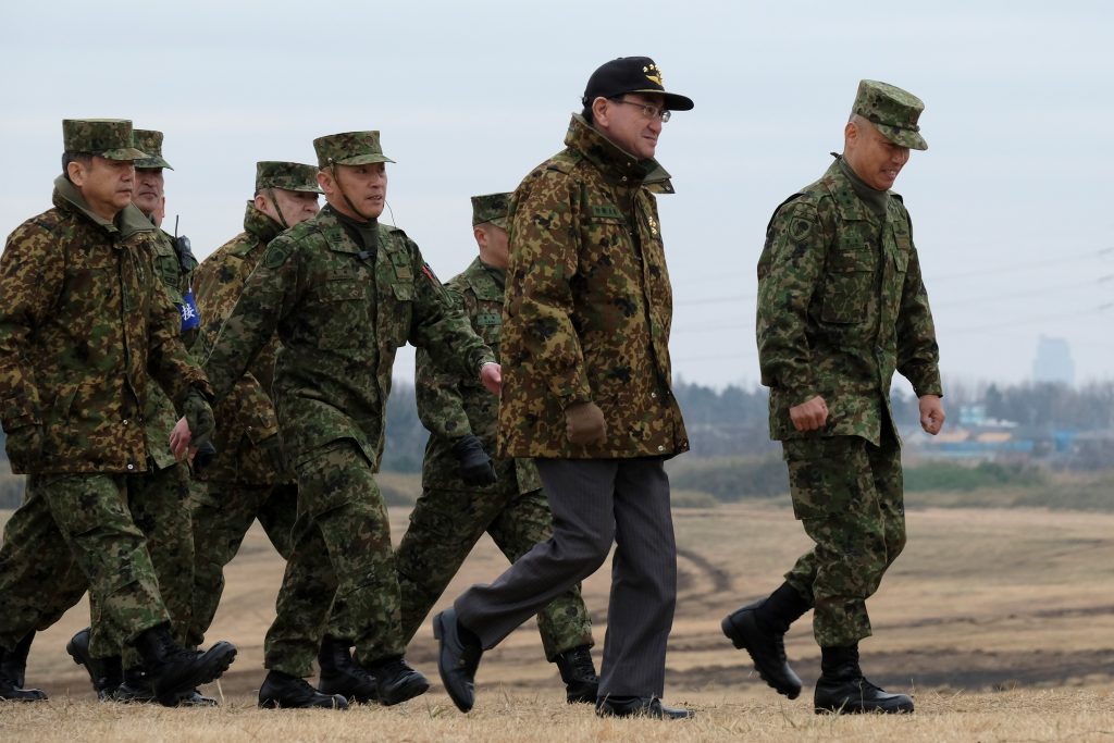 Japanese Defense Minister Taro Kono inspected on Sunday an F35-A stealth fighter jet deployed at the Air Self-Defense Force. (AFP)