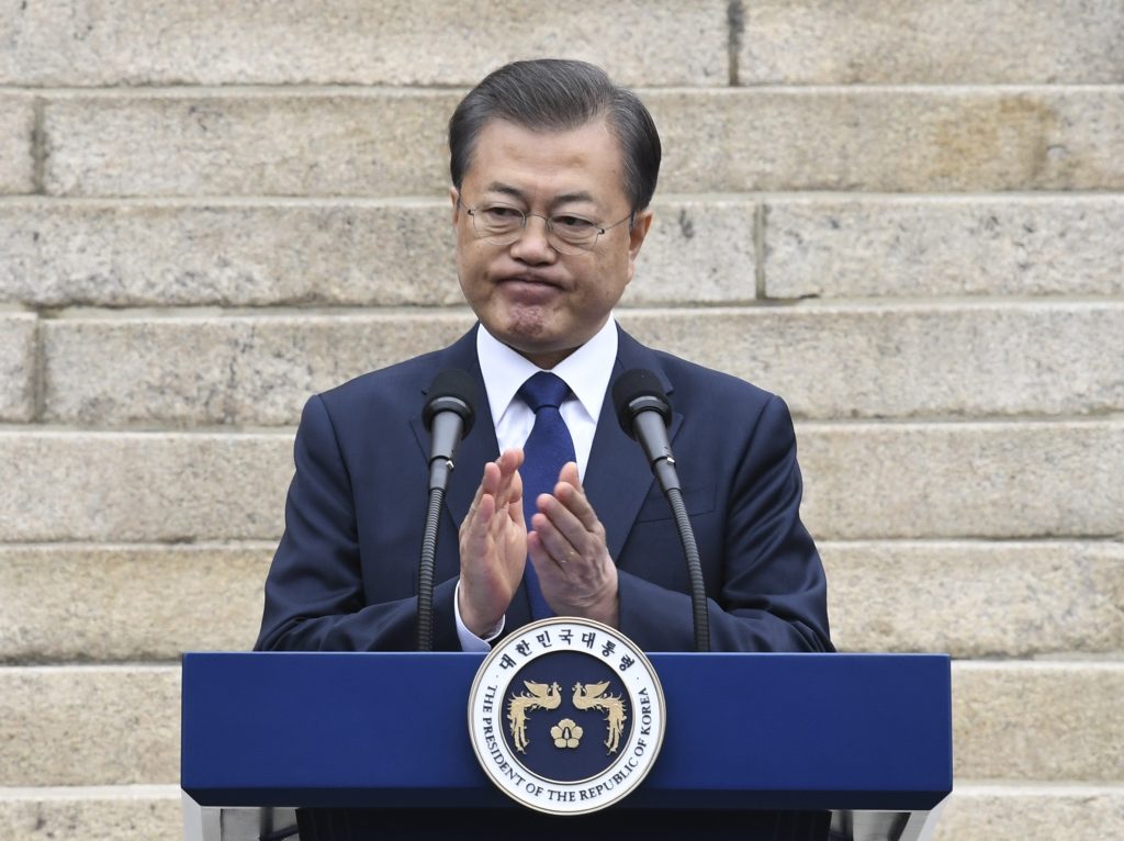 South Korea's President Moon Jae-in applauds as he gives a speech during a ceremony to mark the 101th anniversary of the March 1st Independence Movement Day in Seoul, March 1, 2020. (AFP)