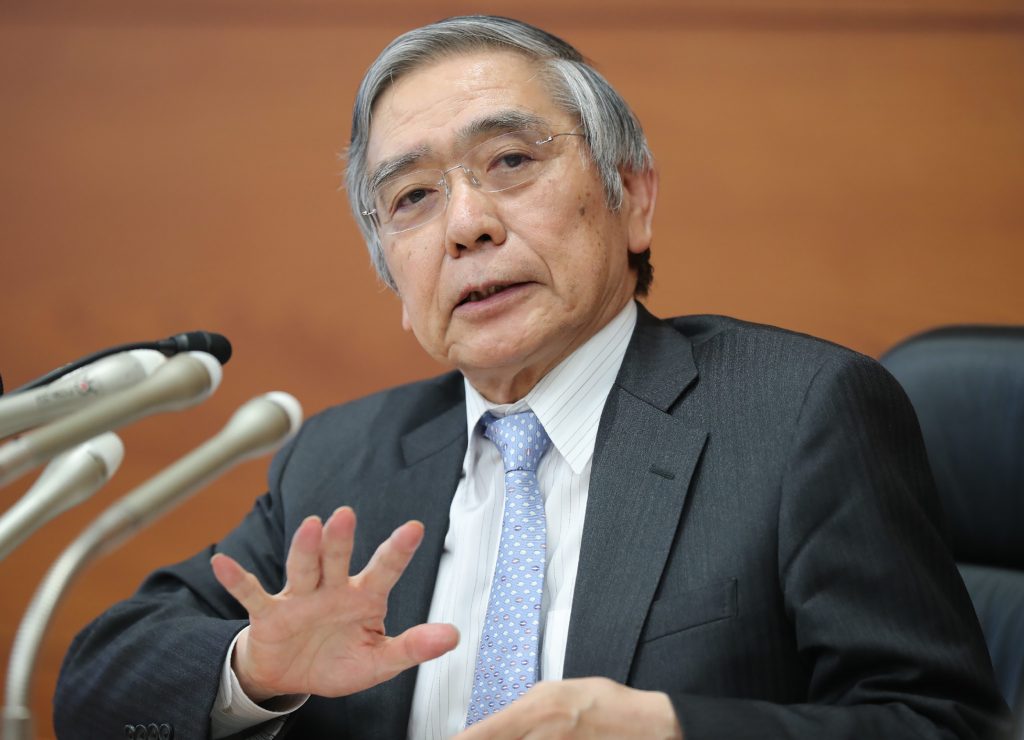 Governor of the Bank of Japan Haruhiko Kuroda points to a reporter during his regular press conference at the BoJ headquarters in Tokyo on Oct, 31, 2019. (AFP)
