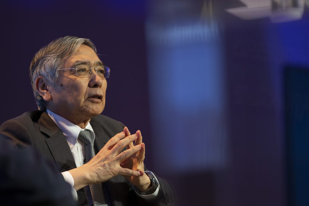 Bank of Japan Governor Haruhiko Kuroda speaks at the International Monetary Fund headquarters in Washington, DC, on July 22. 2019.  (AFP)