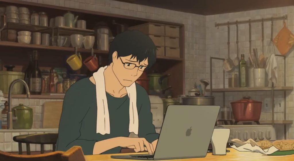 Anime characters behind a Macbook in Apple Japan’s 