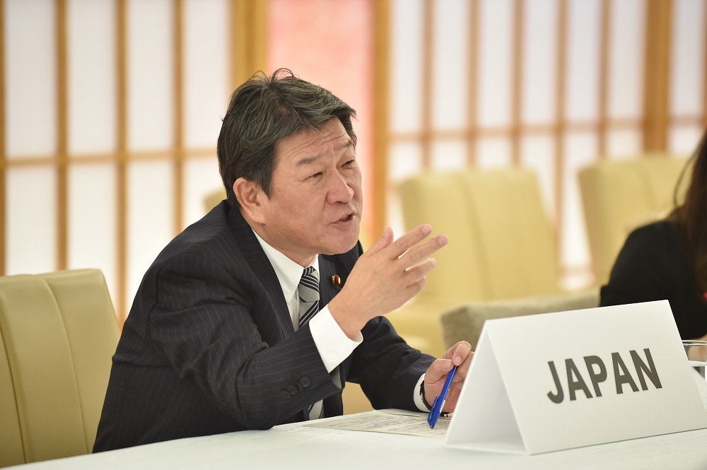 Japan's Foreign Minister Toshimitsu Motegi speaks during the Japan-China-South Korea Foreign Ministers' teleconference at the foreign ministry in Tokyo on March 20, 2020. (AFP)